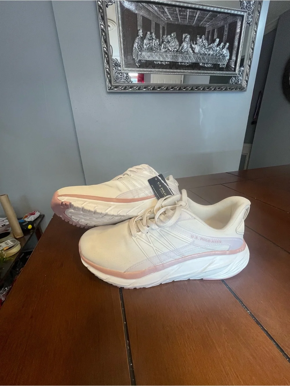 U.S. Polo Assn. Women's Cream Sneakers with Pink Accent